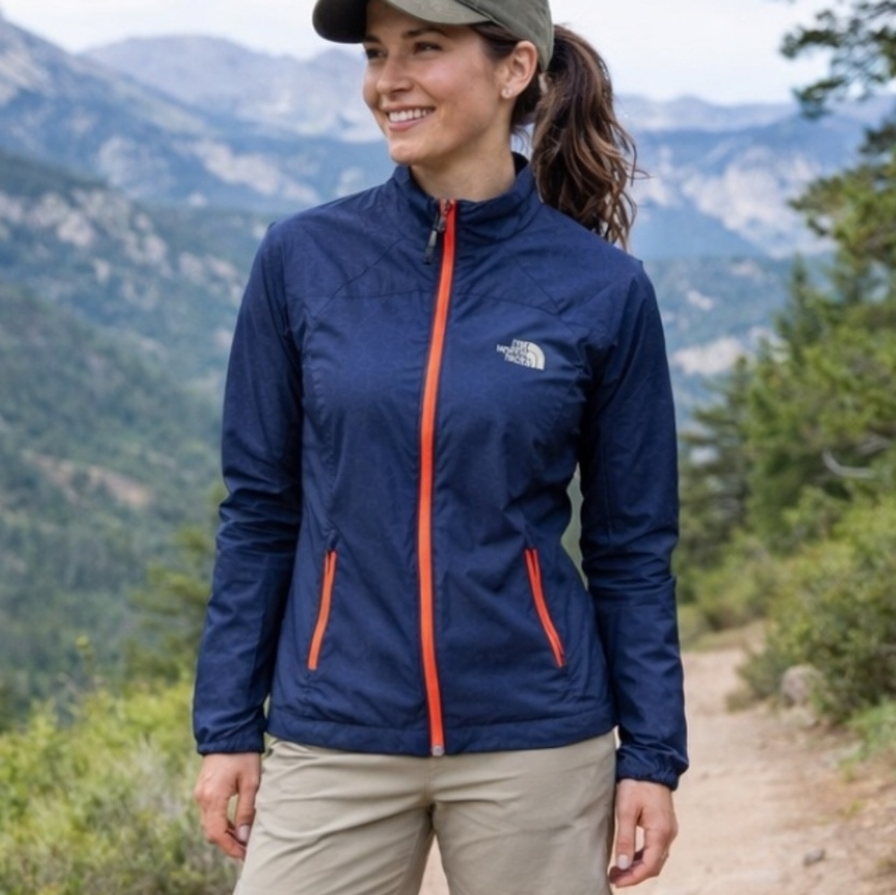 North Face Women's Navy Zip-Front Windbreaker Jacket Orange Accents, Small